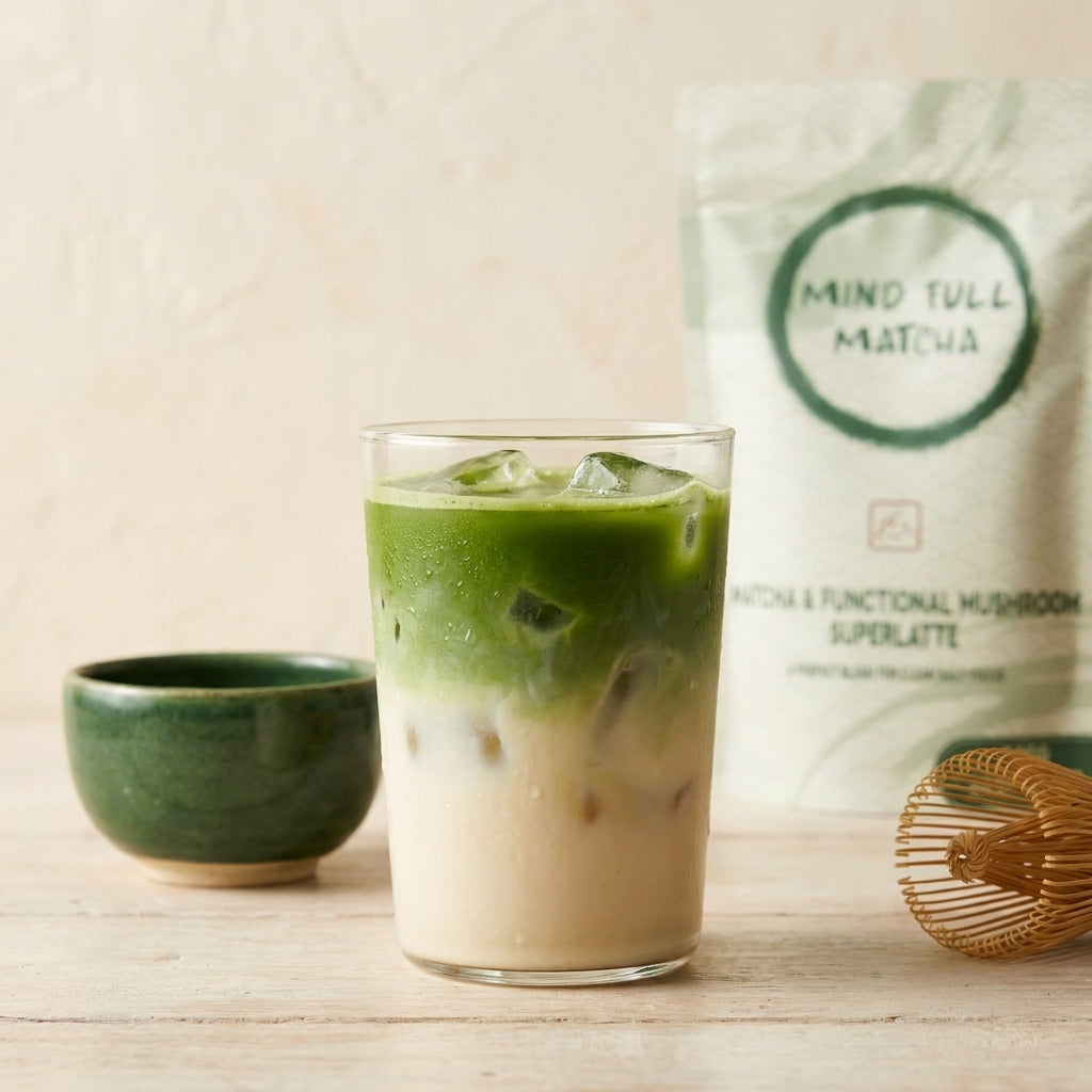 Iced lion's mane matcha superlatte layered over ice