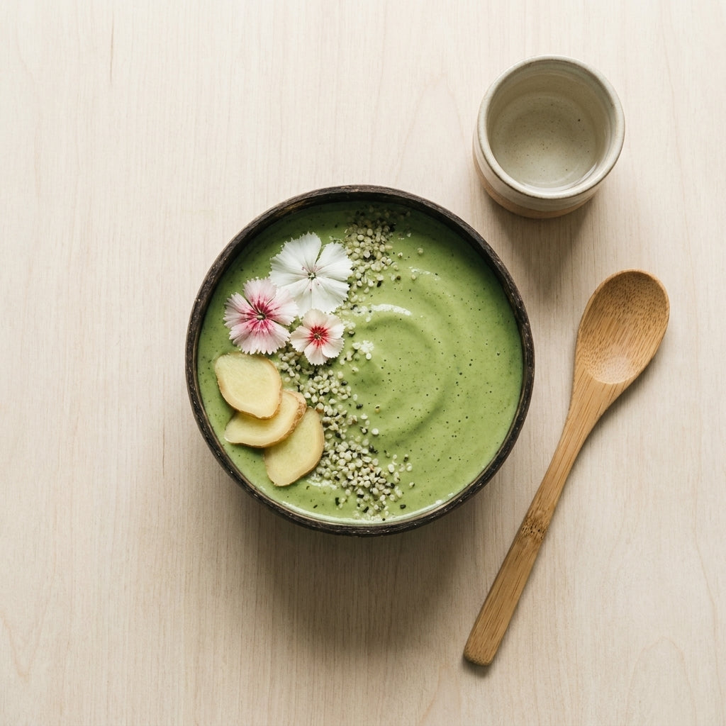 Green matcha smoothie bowl topped with fruit and granola
