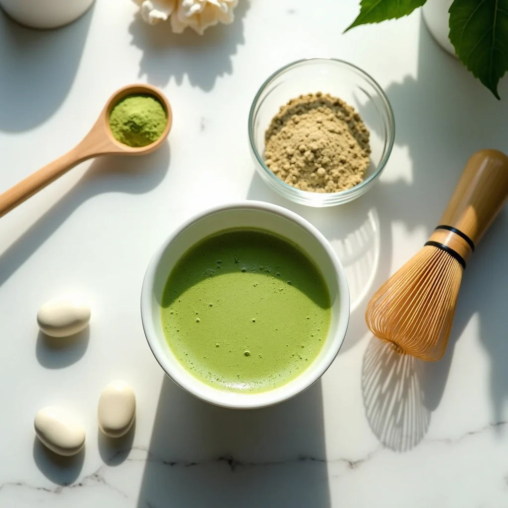 Matcha vs coffee for focus - ceremonial matcha and lion's mane mushroom on a wooden table
