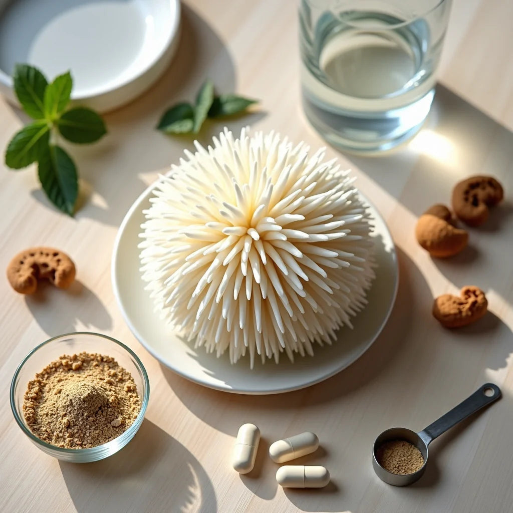 How to make a lion's mane matcha latte - hot matcha latte with bamboo whisk and ingredients