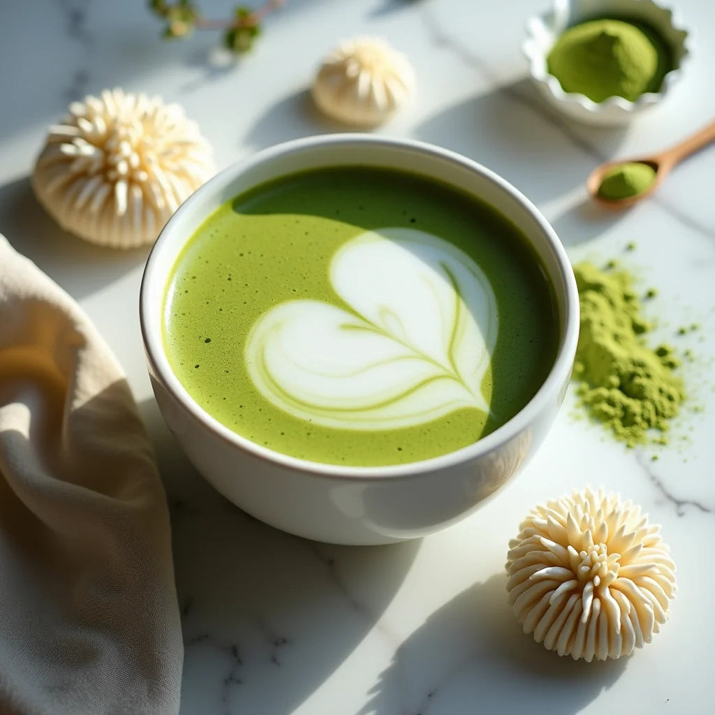 How much lion's mane per day - lion's mane powder and matcha on a calm surface