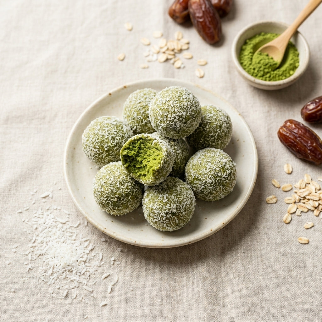 Matcha coconut energy bites rolled in coconut on a cream plate