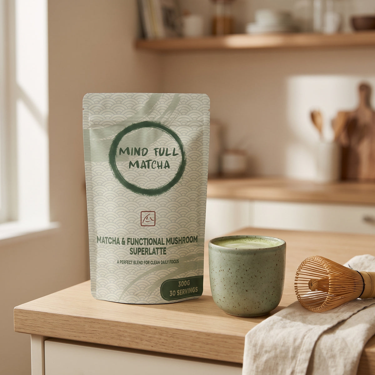 Mind Full Matcha 300g matcha and functional mushroom superlatte pouch standing on a pale oak kitchen counter beside a whisked matcha latte in a sage-green speckled ceramic cup and a bamboo whisk on linen