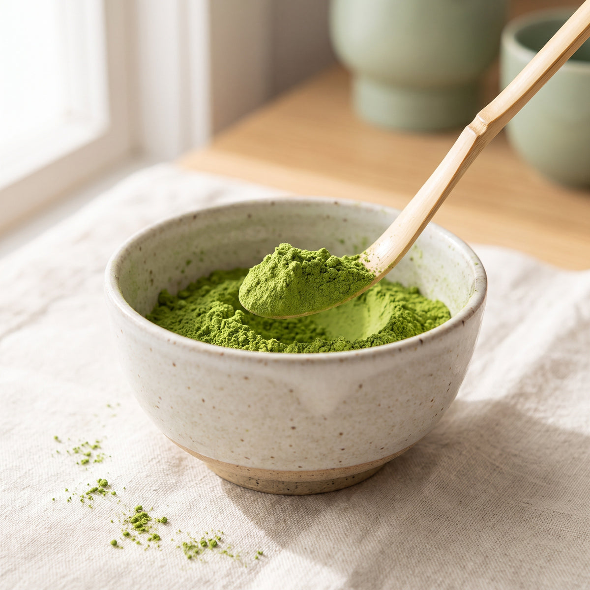 Bamboo chashaku scoop lifting vivid green ceremonial matcha powder from a speckled ceramic bowl on cream linen